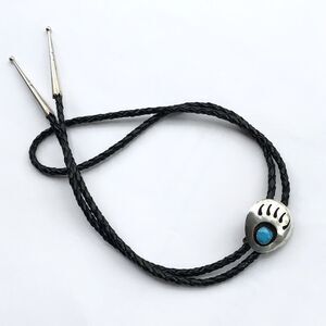 Vintage Southwest Silver Turquoise Bear Paw Shadowbox Bolo Tie Western Retro